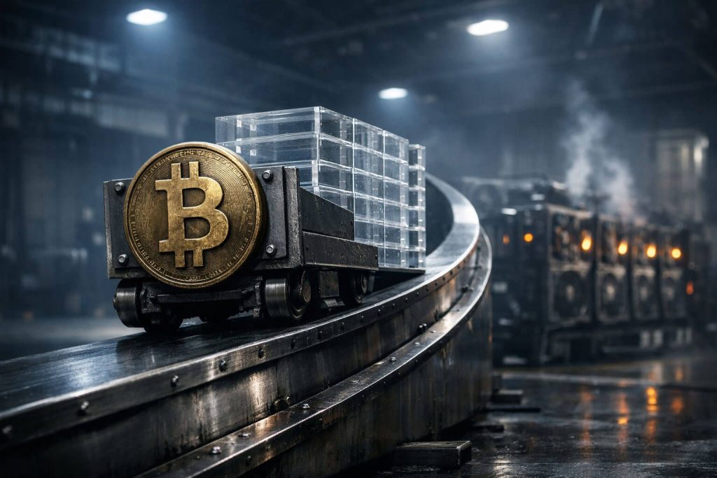 Bitcoin mining carts carrying stacked blocks on an industrial conveyor line, symbolizing power-law growth under pressure from shifting ETF inflows