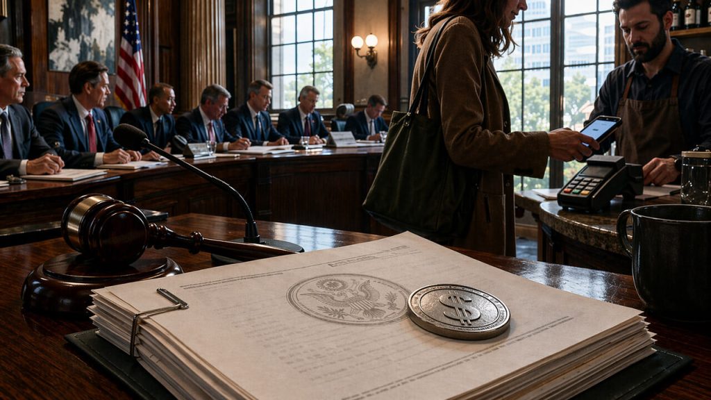 Congressional hearing room with U.S. documents and a dollar coin in the foreground as a woman pays by phone, symbolizing stablecoins becoming easier to use while Bitcoin still awaits regulatory clarity